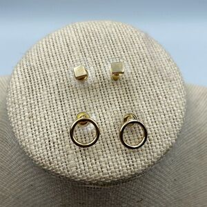 Goldtone Small Stud Earrings Set Of 2 Squares Hoops Preppy Classic NEW